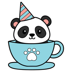 Cute Cartoon Panda in Teacup With Party Hat on White Background