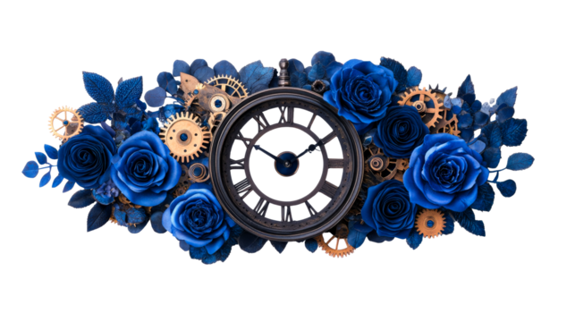 Timepiece and Blue Roses in Steampunk Style, cut out transparent