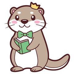 Adorable Otter Character with Crown, Bow Tie, and Book on Transparent Background