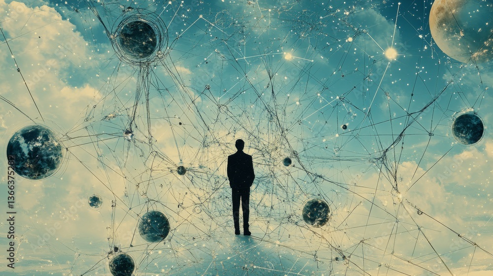 Poster a lone silhouette stands in a cosmic web of planets and stars, surrounded by intricate celestial pat
