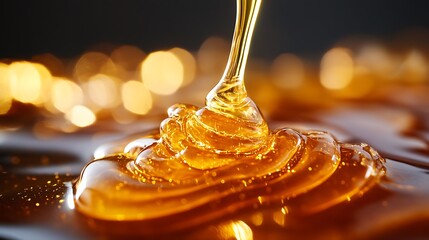 Slow-motion honey stream pouring onto a flat surface, smooth golden waves, ultra-crisp details, isolated.