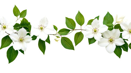 Fototapeta premium Clematis flowers and leaves, elegant white bloom, isolated floral arrangement, cut out transparent