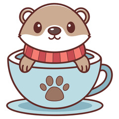 Cartoon Brown Cute Otter with Paw Print in Blue Cup on Transparent Background