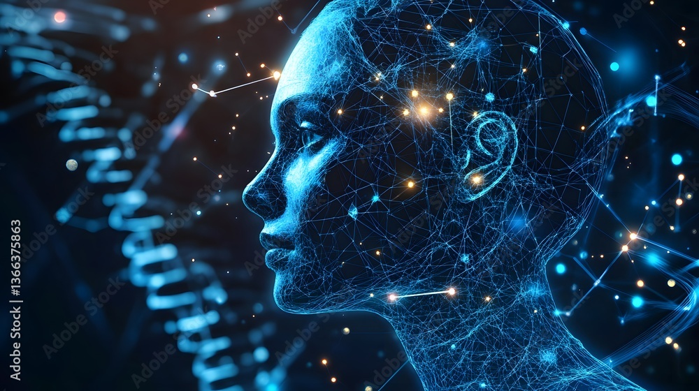 Poster a captivating digital rendering of a woman's face intertwined with a network of luminous connections