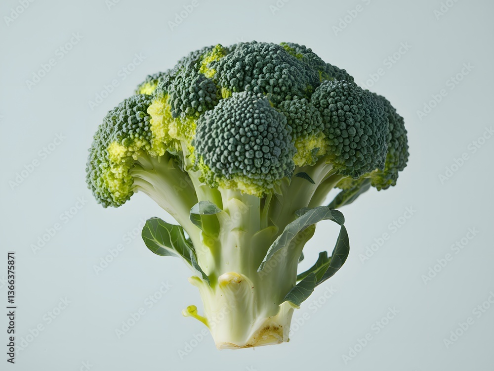 Poster broccoli floret portrait. fresh, green single broccoli floret. isolated on white backdrop. capturing