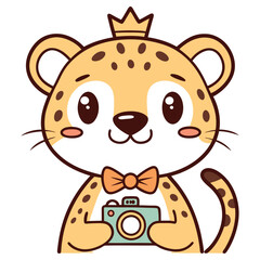 Cartoon Leopard with Crown and Camera, Cute Animal Character on White Background