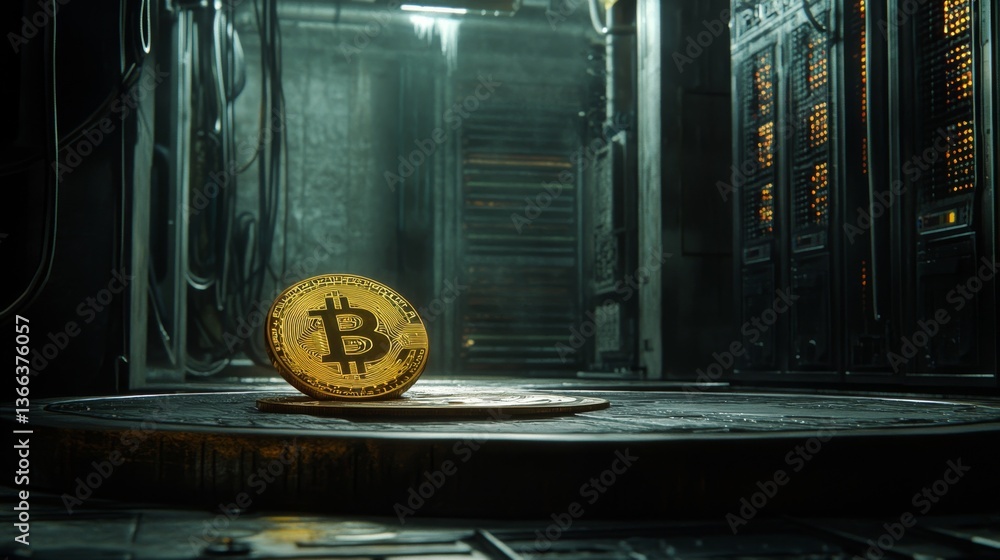 Poster golden bitcoin coin resting on a sleek surface in a futuristic, dimly lit data center filled with gl