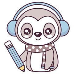 Kawaii Sloth Character with Headphones, Polka Dot Scarf Holding a Pencil