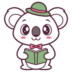 Cartoon Koala Wearing Hat, Pink Bowtie and Reading a Book on White Background