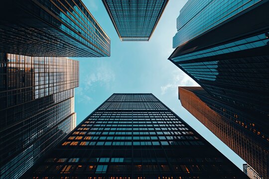 Gazing upward at towering office buildings with sleek architecture, set against a vibrant blue sky in the bustling financial district of a modern city, symbolizing business and finance - Powered by Adobe