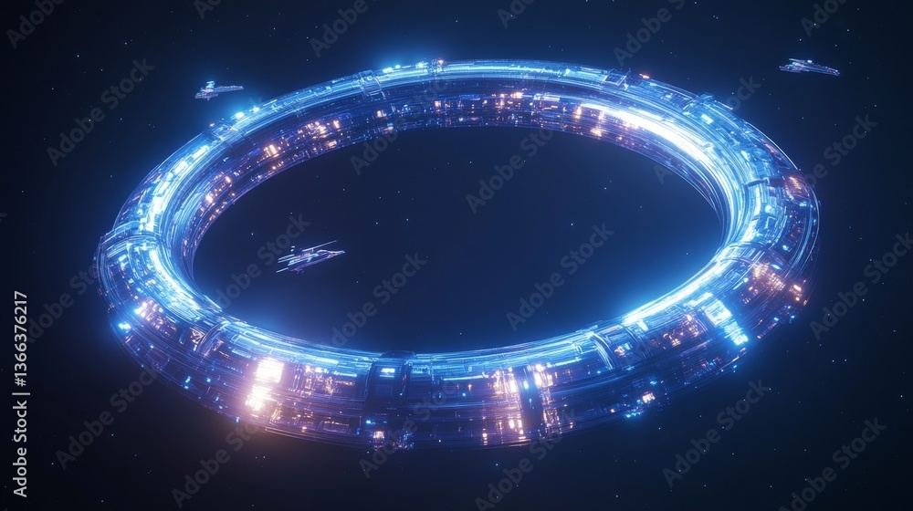 Aufkleber a luminous futuristic ring-shaped space station illuminated against the vastness of outer space, sur