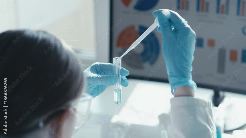 Poster a dedicated scientist uses a precise pipette to transfer liquids into a test tube, highlighting the 
