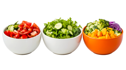 Healthy assortment of salads in bowls, fresh vegetables, balanced diet, cut out transparent