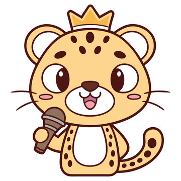 recommend clip art: Cartoon Leopard King Wearing Crown Holding Microphone on White Background