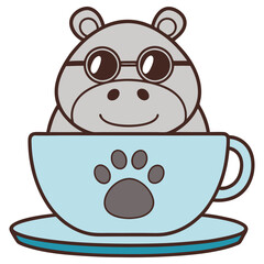 Cartoon Hippopotamus with Eyeglasses Sitting in Blue Cup with Paw Print Icon