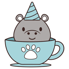 Adorable Hippo in Blue Cup Wearing Party Hat Cartoon