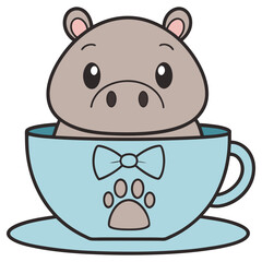Cartoon Hippo In a Cup With Paw Print and Bow Tie on White
