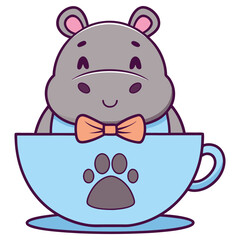 Hippo Cartoon in Cup with Bow Tie, Cute Animal Design on White Background
