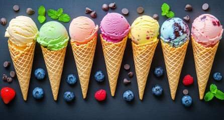 Colorful Ice Cream Cones With Fresh Fruits Arranged on a Dark Background