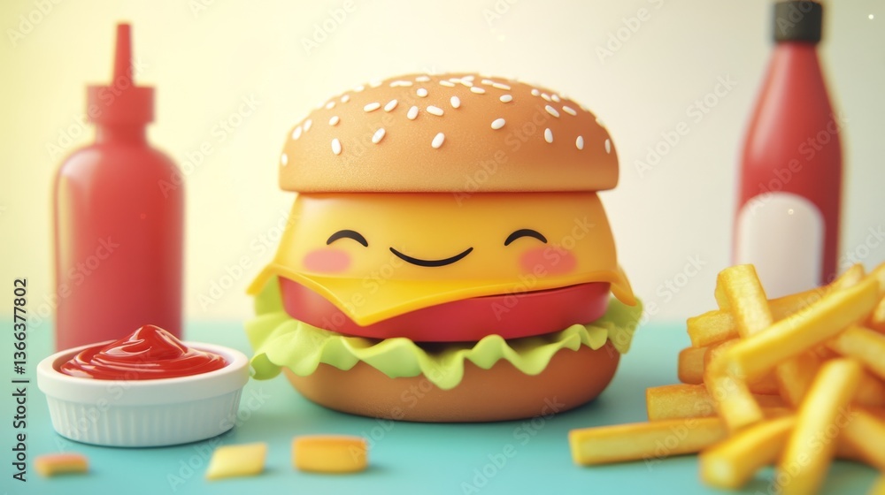 Poster a whimsical burger character with a smiling face, surrounded by golden fries and ketchup bottles, se
