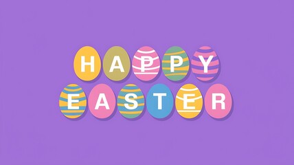 A collection of multicolored eggs spelling out the words 'Happy Easter' in vibrant colors with solid purple background and white letters, creating a festive and eye-catching Easter design festive vibe