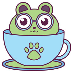 Cute Green Bear Cub with Glasses in Blue Cup Paw Print Isolated on White