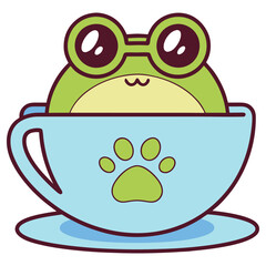 Cute Cartoon Frog in Blue Cup with Paw Print Icon Isolated
