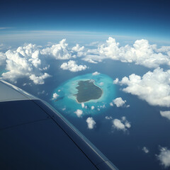 Spectacular Aerial View from Airplane – Stunning Island with Crystal Clear Turquoise Waters, Surrounded by Fluffy White Clouds, Captured from Above in a Serene and Breathtaking Landscape Scene