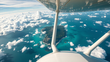 Spectacular Aerial View from Airplane – Stunning Island with Crystal Clear Turquoise Waters, Surrounded by Fluffy White Clouds, Captured from Above in a Serene and Breathtaking Landscape Scene