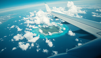 Spectacular Aerial View from Airplane – Stunning Island with Crystal Clear Turquoise Waters, Surrounded by Fluffy White Clouds, Captured from Above in a Serene and Breathtaking Landscape Scene