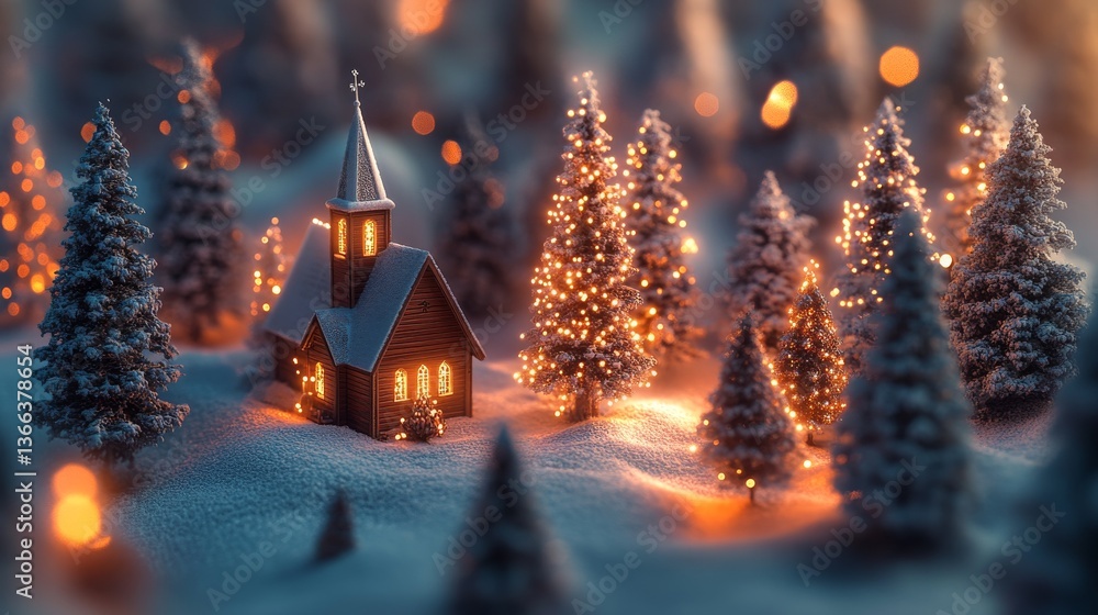 Poster enchanting holiday scene with a glowing church model nestled in a snow-covered forest, surrounded by
