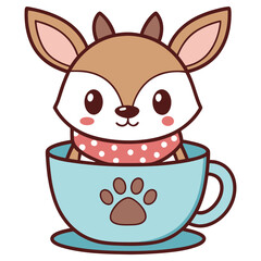 Cute Reindeer in Blue Mug With Paw Print, Wearing Polka Dot Scarf, Isolated