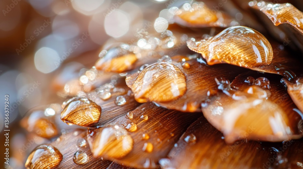 Poster a vibrant macro image of a pine cone with sparkling dew, emphasizing natural textures and details. p