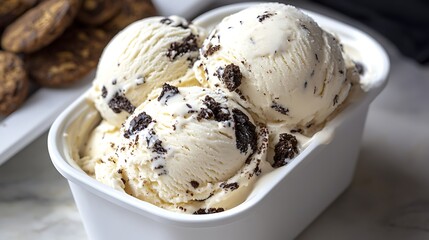 Cookies and cream ice cream in a white container, thick creamy swirls with cookie chunks, ultra-HD, isolated.