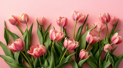 Obraz premium Beautiful composition spring flowers. Bouquet of pink tulips flowers on pastel pink background. Valentine's Day, Easter, Birthday, Happy Women's Day, Mother's Day. Flat lay, top view, copy space. High