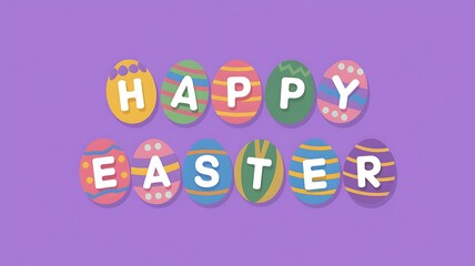 Fototapeta premium A collection of multicolored eggs spelling out the words 'Happy Easter' in vibrant colors with solid purple background and white letters, creating a festive and eye-catching Easter design festive vibe
