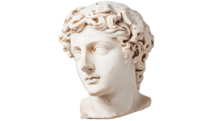 Apollo Belvedere sculpture with curly hair and black background, cut out transparent