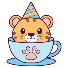 Cartoon Tiger Cub in Cup with Party Hat Adorable on White