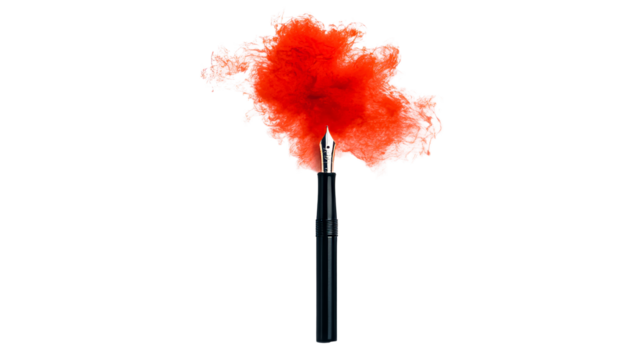 Black fountain pen with a red ink stain, cut out transparent