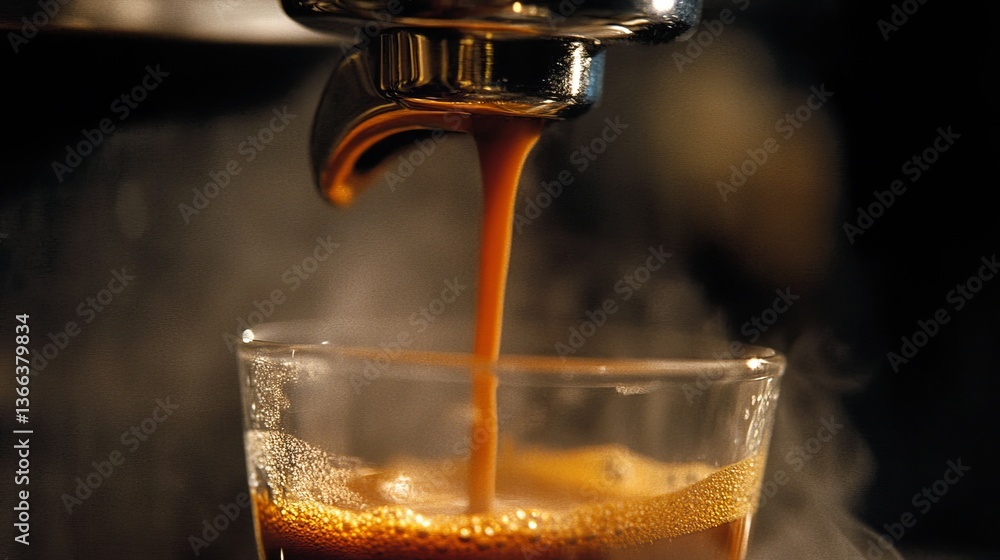 Poster macro shot of espresso pouring from a coffee machine into a glass cup with golden crema and rising s