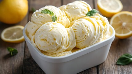 Lemon ice cream in a stylish white container, light yellow creamy swirls, citrus freshness, ultra-HD, isolated.