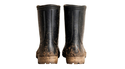 Pair of dirty rubber boots, mud-covered footwear, black background, cut out transparent