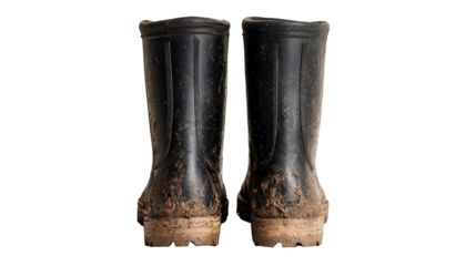 Pair of dirty rubber boots, mud-covered footwear, black background, cut out transparent