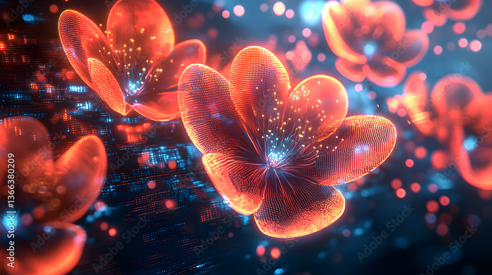 Poster vivid flowers radiate light and intricate patterns in a digital landscape backdrop. generative ai