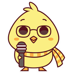 Singing Chick Cartoon Character with Glasses Holding Microphone on White Background