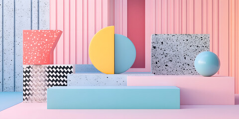 Vibrant Abstract Geometric Design, Pastel Gradient Shapes, Modern Colorful 3D Art, Contemporary Bold Artistic Image