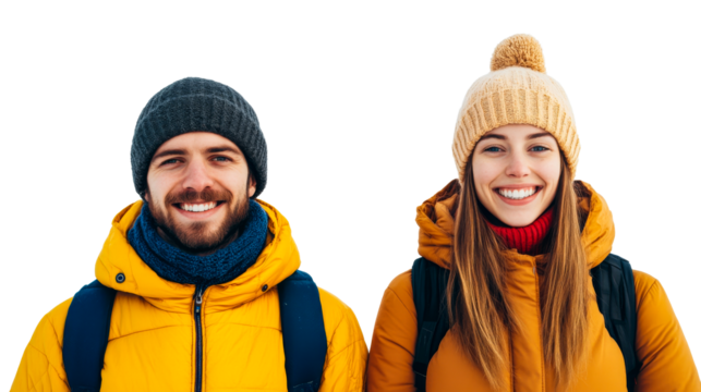 Smiling couple in winter clothing, outdoors, portrait, cheerful, cut out transparent