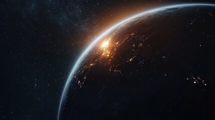 Obraz premium Sunrise Over Earth: Witness the mesmerizing beauty of planet earth as the sun's golden rays paint the horizon. This stunning image of our planet in space inspires awe.