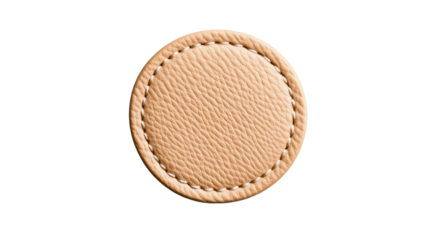 Leather circle with stitch, textured design element, cut out transparent