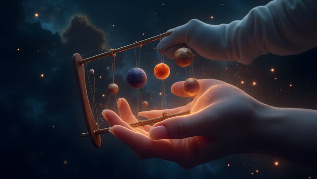 Galactic accountant's glowing hand manipulates planet-beads on cosmic abacus to spell "TAX" in celestial alignment, trailing stardust numbers.